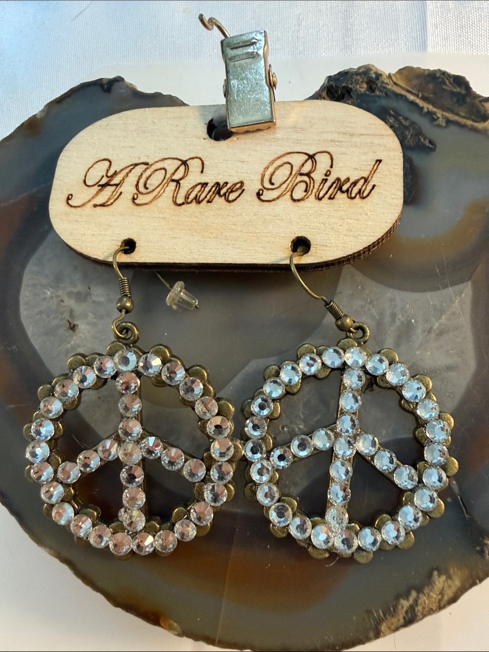 A rare bird Crystal Peace Sign Drop Earrings NWT $49 2.25” x 1.5”